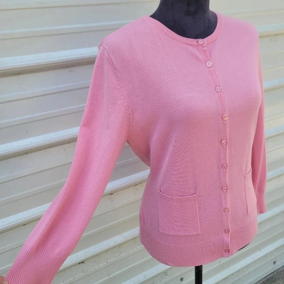 George Cardigan Sweater Ladies M 8/10 Pink Rayon Nylon Buttons 3/4 Sleeve Pocket - Picture 4 of 9
